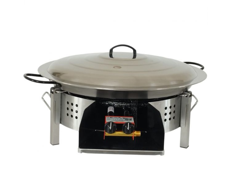 Kit paella thermocouple - Pare-flammes plan de travail 60cm inox - 30 personnes - Plat pata negra 70cm avec couvercle inox