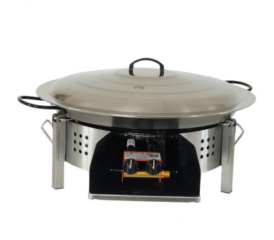 Kit paella Surpuissant - Pare-flammes plan de travail 60cm inox - 25 personnes - Plat pata negra 65cm avec couvercle inox