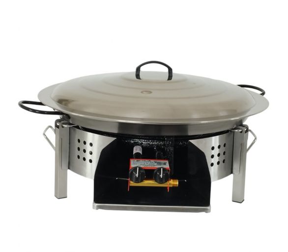 Kit paella Surpuissant - Pare-flammes plan de travail 60cm inox - 25 personnes - Plat pata negra 65cm avec couvercle inox