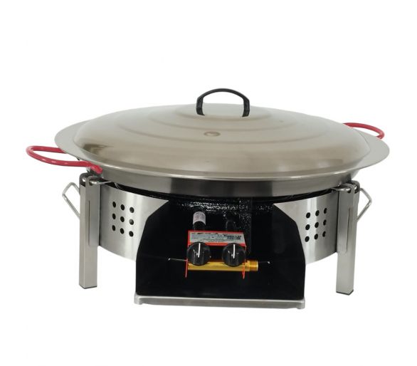 Kit paella Classique - Pare-flammes plan de travail 60cm inox - 25 personnes - Plat acier 65cm avec couvercle inox