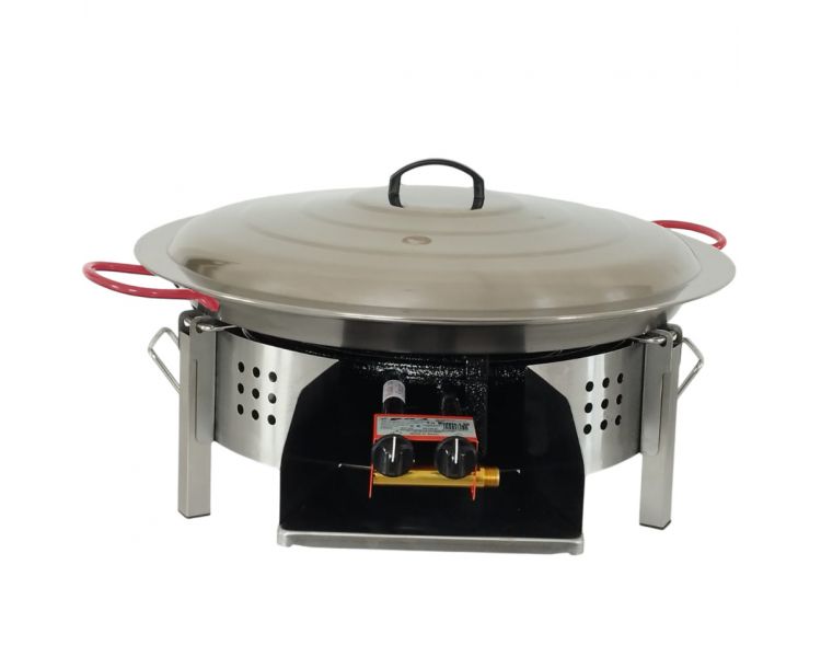 Kit paella Surpuissant - Pare-flammes plan de travail 60cm inox - 30 personnes - Plat acier 70cm avec couvercle inox