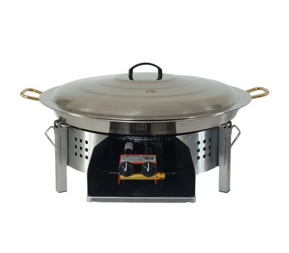 Kit paella Classique - Pare-flammes plan de travail 60cm inox - 25 personnes - Plat inox 65cm avec couvercle inox