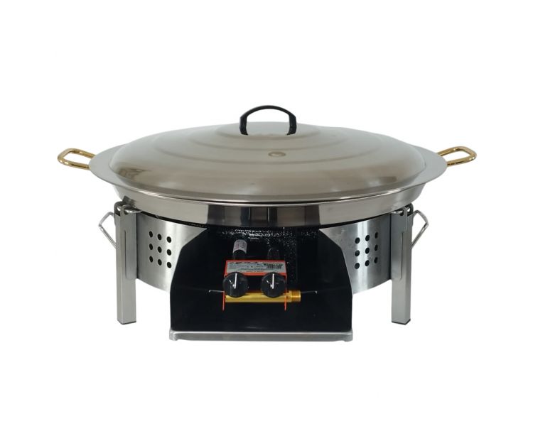 Kit paella Surpuissant - Pare-flammes plan de travail 60cm inox - 30 personnes - Plat inox 70cm avec couvercle inox