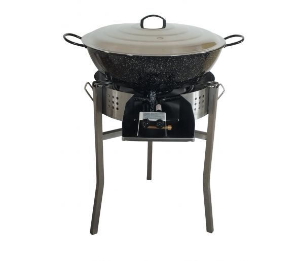 Kit Poêle creuse - pare flammes 45cm inox - 70 personnes - Plat creux émaillé 65cm - Couvercle - Thermocouple