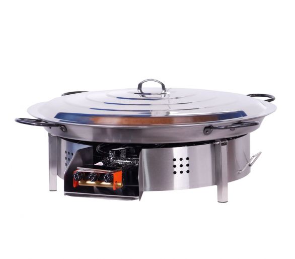 Kit paella Surpuissant 40 personnes - Pare-flammes plan de travail 70cm inox - Plat acier avec couvercle inox