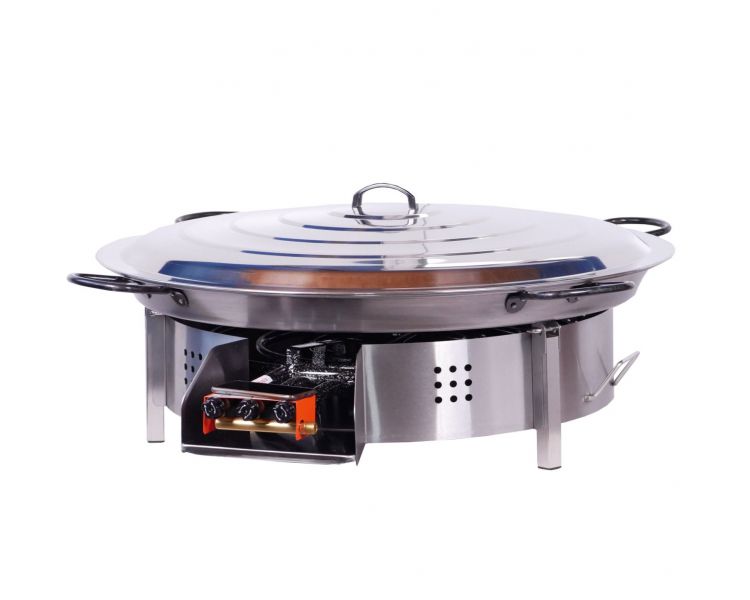 Kit paella Thermocouple - 40 personnes - Pare-flammes plan de travail 70cm inox - Plat pata negra avec couvercle inox