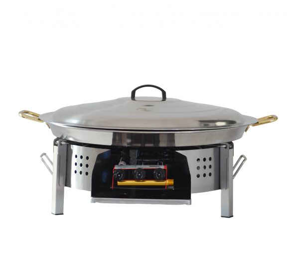 Kit paella Classique - 40 personnes - Pare-flammes plan de travail 70cm inox - Plat Inox et couvercle inox