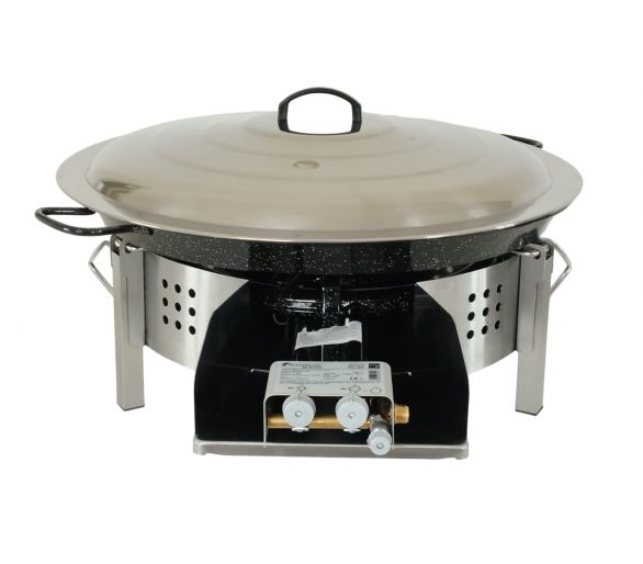 Kit paella Classique - Pare-flammes plan de travail 60cm inox - 25 personnes - Plat émaillé 65cm avec couvercle inox