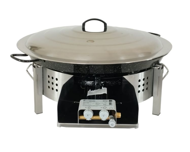 Kit paella Surpuissant - Pare-flammes plan de travail 60cm inox - 25 personnes - Plat émaillé 65cm avec couvercle inox
