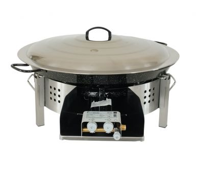 Kit paella Surpuissant - Pare-flammes plan de travail 60cm inox - 30 personnes - Plat émaillé 70cm avec couvercle inox