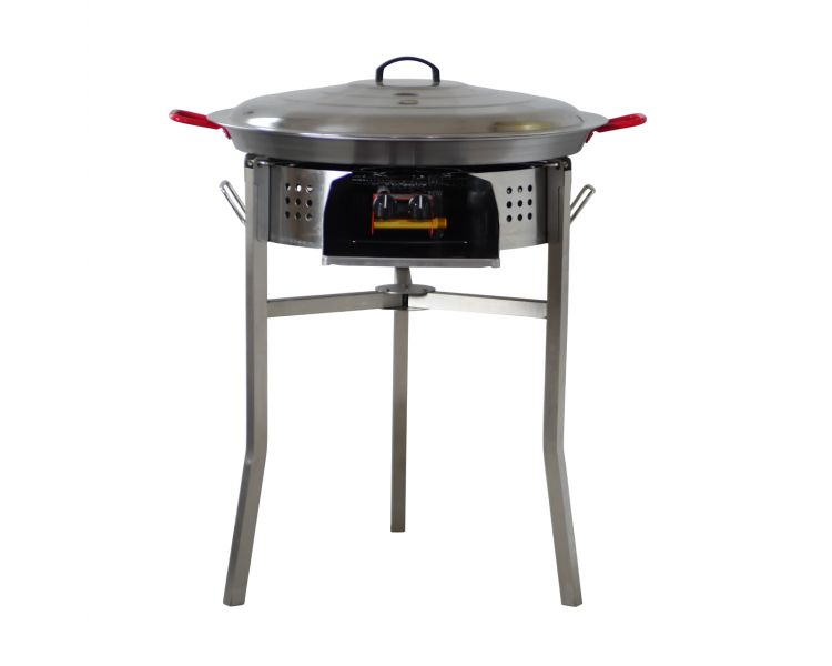 Kit paella Thermocouple - 40 personnes - Pare-flammes 70cm inox - Plat acier 80 cm avec couvercle inox
