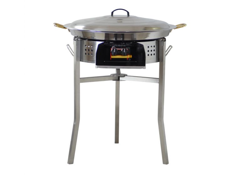 Kit paella thermocouple - Pare-flammes 60cm inox - 30 personnes - Plat inox 70cm avec couvercle inox