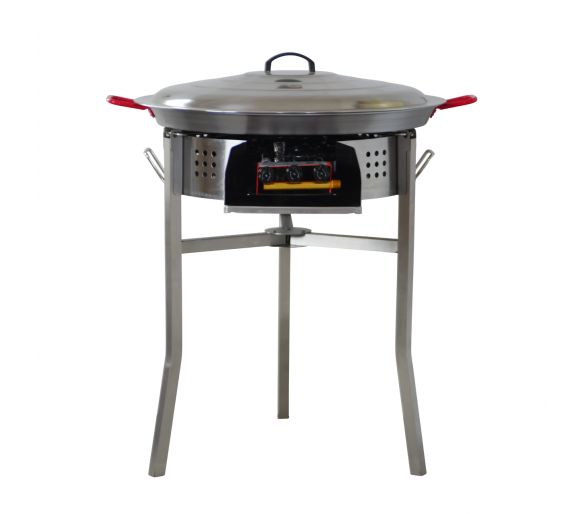 Kit paella thermocouple - Pare-flammes 60cm inox - 25 personnes - Plat acier 65cm avec couvercle inox