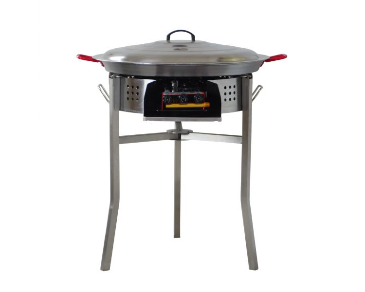 Kit paella thermocouple - Pare-flammes 60cm inox - 25 personnes - Plat acier 65cm avec couvercle inox